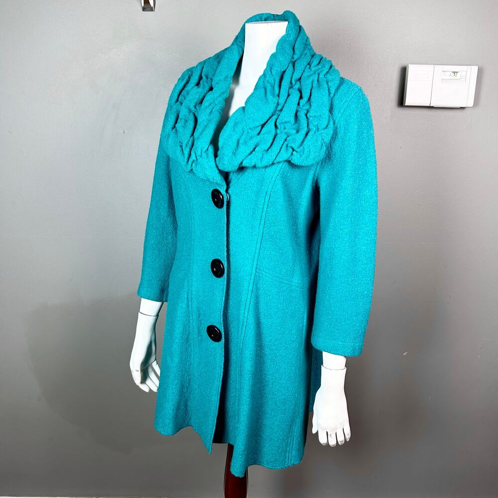 EUC Ali Miles Stylish Teal Black Button-Front Coat with Braided Collar Women’s L